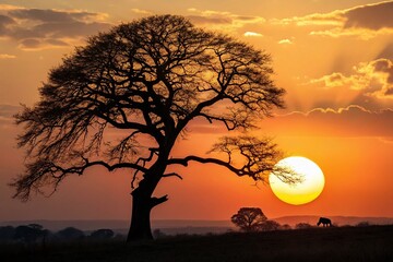 Silhouette Tree of Life Sun Circle - Mystical Nature Stock Photo