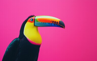 Naklejka premium A bold toucan with its colorful beak, standing out against a hot pink background