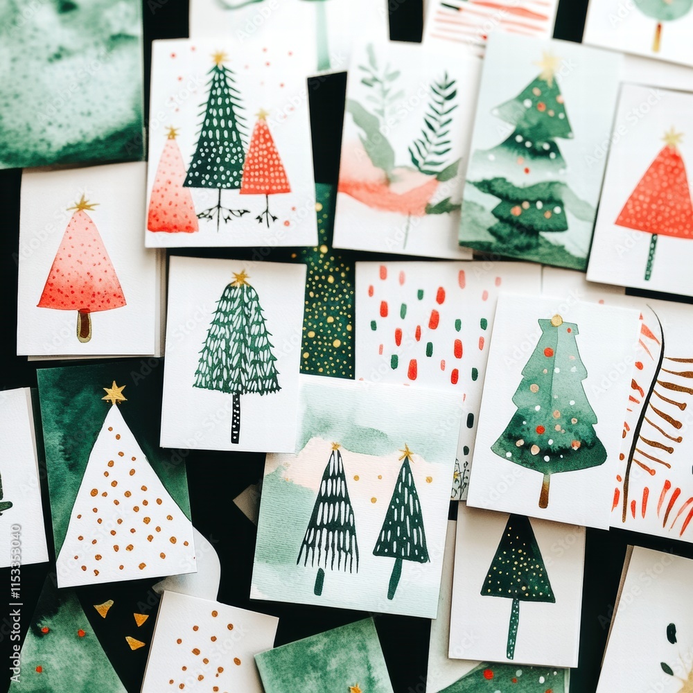 Poster colorful assortment of handmade christmas cards featuring festive trees and vibrant designs arranged