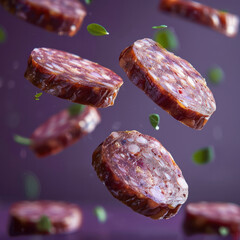 Slices of dry-cured sausage levitate.