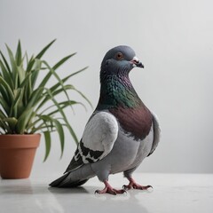 Obraz premium A pigeon standing in front of a minimalist plant on a white background.