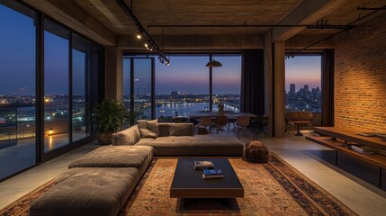 Modern loft interior at twilight, with sofa, rug, table, view.