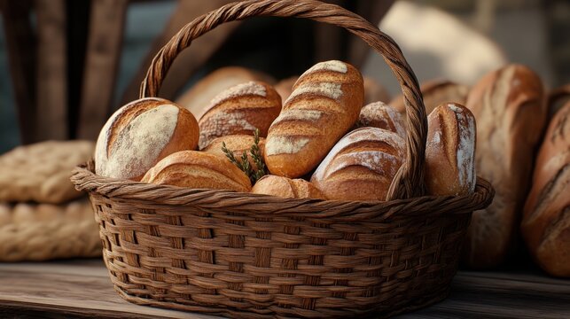Freshly baked bread in a rustic basket perfect for your bakery website.