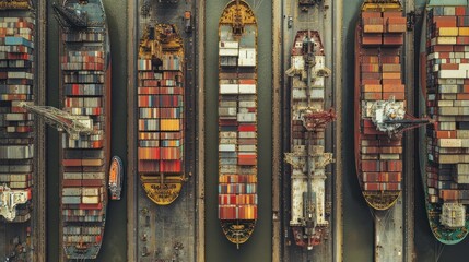 Top view of cargo ships lined in a large industrial dockyard, containers arranged symmetrically