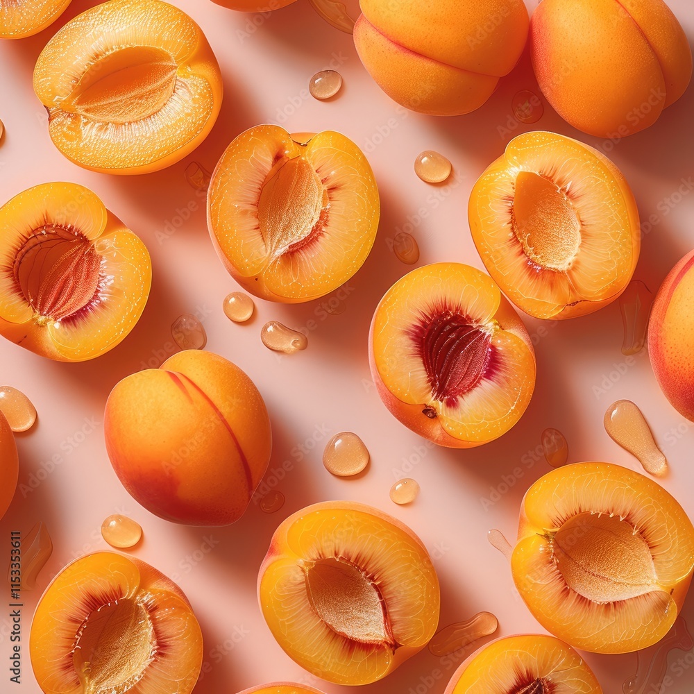 Poster flat lay of juicy apricot slices on a peach background, natural light. top view.