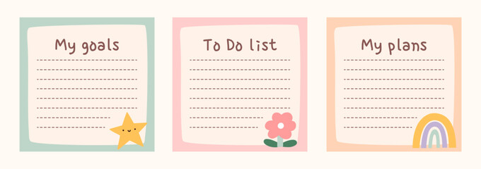 Cute to do list templates set. Kawaii design of daily planner, schedule or checklist. Perfect for agenda, planning, memo, notes, self-organization. Hand-drawn illustration. Stationery for children.