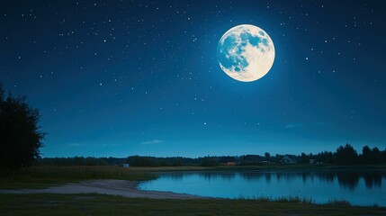Blue Moonlight. Full moon glowing blue night sky stars reflecting calm