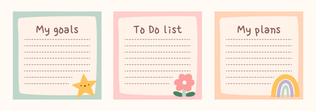 Cute to do list templates set. Kawaii design of daily planner, schedule or checklist. Perfect for agenda, planning, memo, notes, self-organization. Hand-drawn illustration. Stationery for children.
