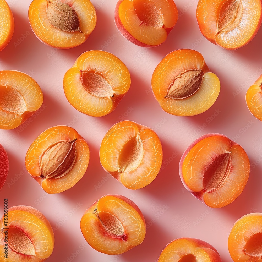 Poster flat lay of juicy apricot slices on a peach background, natural light. top view.