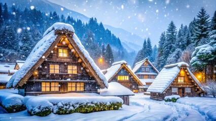 Fototapeta premium Shirakawa-go Gassho-style Farmhouses: Action Shot of Winter Snowfall