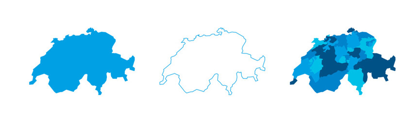 Obraz premium Switzerland set of three maps - solid map, outline map and map highlighting administrative divisions. Three distinct maps illustrate various representations of a geographical area.