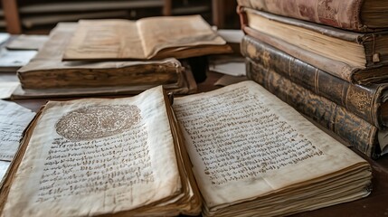 Obraz premium Collection of aged weathered manuscripts showcasing a rich history with pages reveal stories from the past.