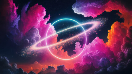 A mesmerizing cosmic scene featuring vibrant pink and purple clouds surrounding a glowing planet adorned with luminous rings, evoking a sense of wonder.