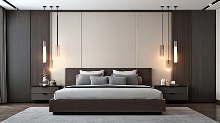 Cozy modern bedroom with wooden furnishings, warm lighting, and a light beige wall. Perfect for a relaxing atmosphere in an apartment or hotel