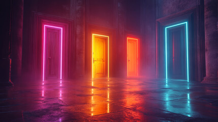 Brightly Lit Doorways with Neon Glow in Misty Dimly Lit Environment