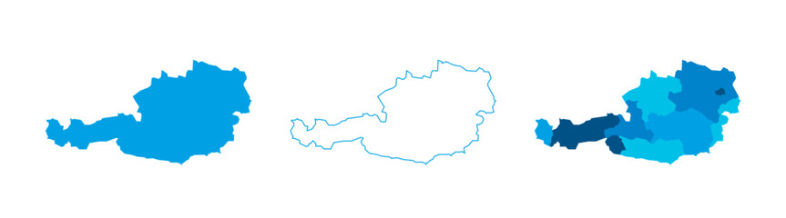 Austria set of three maps - solid map, outline map and map highlighting administrative divisions. Three distinct maps illustrate various representations of a geographical area.