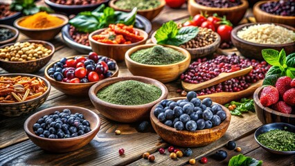 Fototapeta premium Capture vibrant superfood bowls' beauty; rustic wood backdrop enhances healthy appeal.