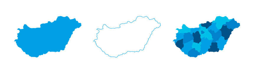 Hungary set of three maps - solid map, outline map and map highlighting administrative divisions. Three distinct maps illustrate various representations of a geographical area.
