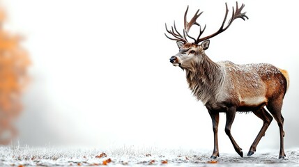 Winter Deer. Majestic brown reindeer with large antlers walking on sno