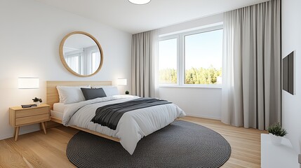 Fototapeta premium Cozy modern bedroom with wooden furnishings, warm lighting, and a light beige wall. Perfect for a relaxing atmosphere in an apartment or hotel