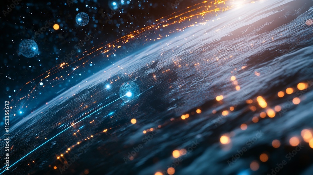 Poster a stunning digital representation of earth's orbit, showcasing glowing data streams and satellite co