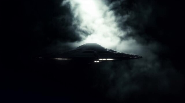 Alien Spaceship Landing on Black Surface with Surrounding Smoke, Futuristic Sci-Fi Animation