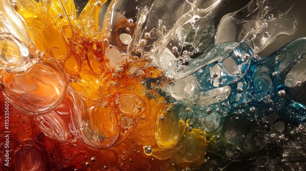 Poster a stunning explosion of multicolored liquids with vibrant bubbles in motion. a perfect abstract imag