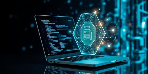 Hexagon hologram hovering above modern laptop with big data concept overlay in multiexposure shot, background, concept