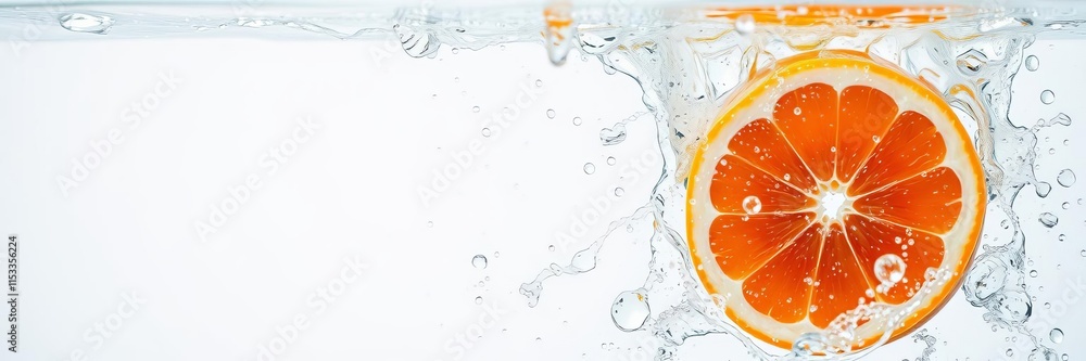 Poster high-speed capture of grapefruit pieces plummeting into water, creating a refreshing splash and ripp