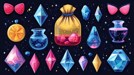 Magic Treasures. Crypto rewards Rewarded ads ecosystem GraphQL Play to earn games Nft gallery Rocketpool Zeusx Slime Obsidian mistplay Colorful gems and potions collection with bag,
