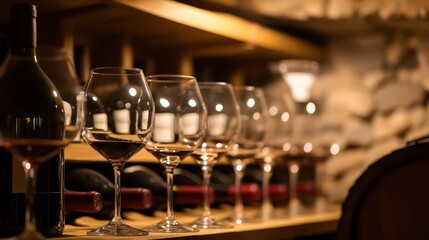 A sophisticated wine tasting setup in a home cellar, Wine glasses and bottles systematically placed, Elegant oenophile style