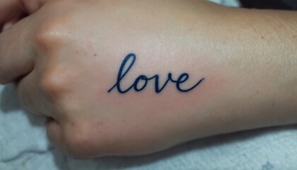 Fototapeta premium Small Love Tattoo on Hand in Black Ink Script