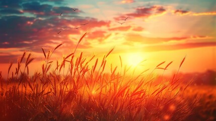 Fototapeta premium Golden sunset over wheat field with birds flying.