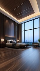 Fototapeta premium Cozy modern bedroom with wooden furnishings, warm lighting, and a light beige wall. Perfect for a relaxing atmosphere in an apartment or hotel