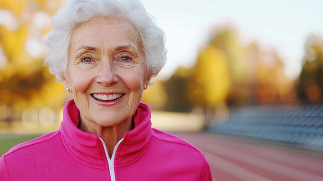 Smiling elderly woman in a pink jacket at a park with autumn colors - Powered by Adobe
