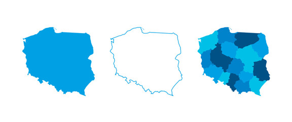Poland set of three maps - solid map, outline map and map highlighting administrative divisions. Three distinct maps illustrate various representations of a geographical area.