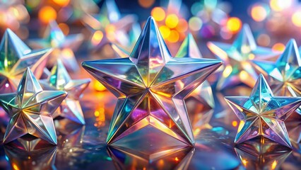 Soft Pastel Crystal Stars: 3D Rendered Shiny Stars with Shadows on PNG Background