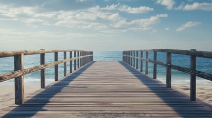 Obraz premium Wooden pier leads to tranquil ocean beach.
