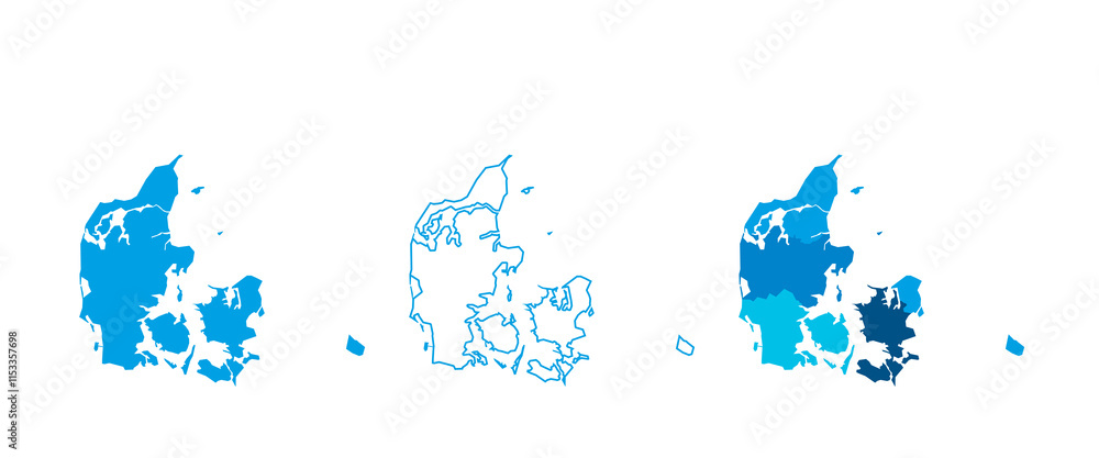 Poster denmark set of three maps - solid map, outline map and map highlighting administrative divisions. th