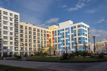Modern apartment building with colorful facades on the outskirts of the city. Residential Complex 'In the forest', Moscow, Russia