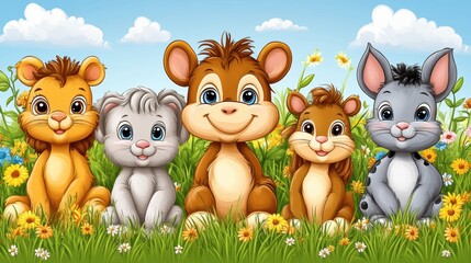 Naklejka premium Cute cartoon animals sitting in a field of flowers.