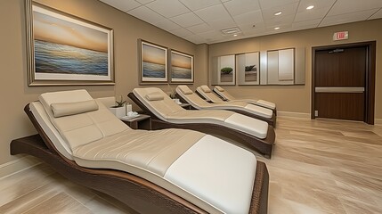 Serene Relaxation Lounge Featuring Modern Recliners and Art