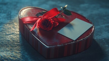 Heart-shaped gift box with a single red rose and blank card.