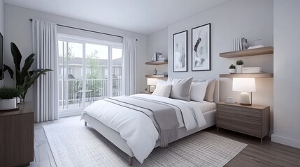 A cozy Scandinavian bedroom features a white bed and wooden shelves adorned with decorative elements in neutral tones, creating a serene atmosphere