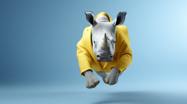 Unique rhino in a bright yellow suit leaps against a serene blue background. Generative AI