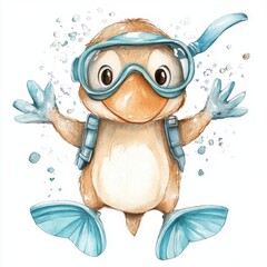 Fototapeta premium Adorable platypus wearing goggles and fins in an underwater scene on a white background