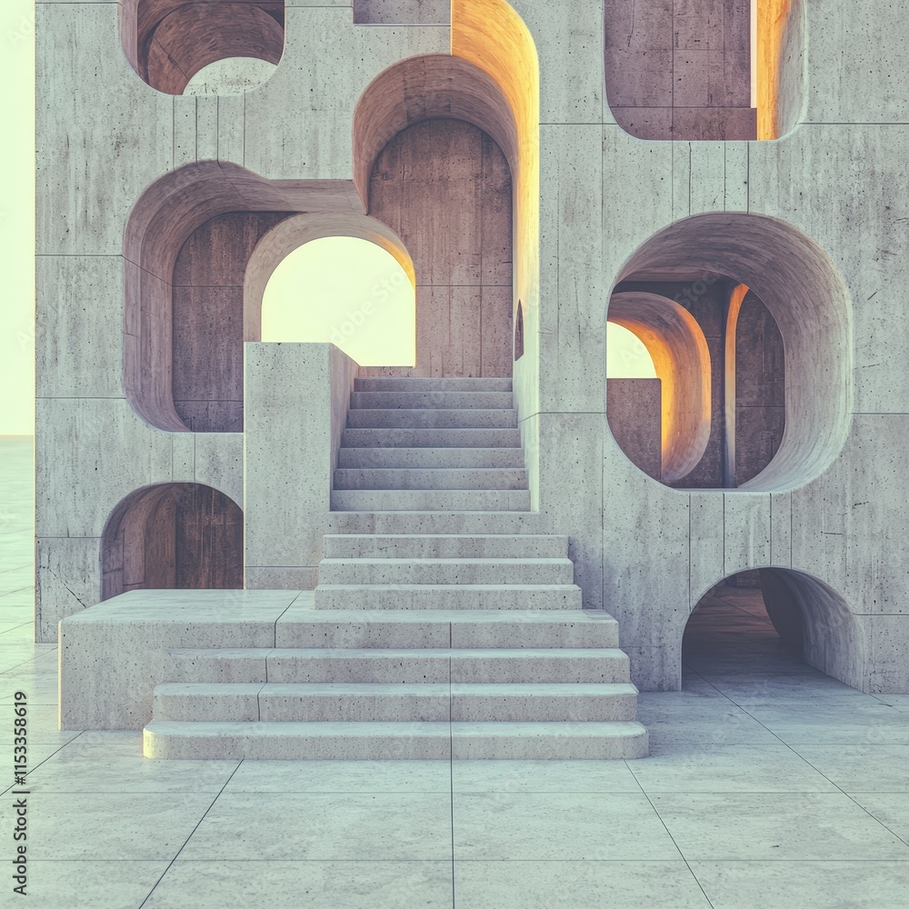 Poster abstract futuristic architecture concrete staircase geometric design 3d render