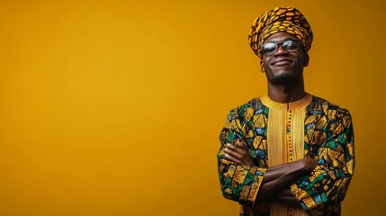 Obraz premium Smiling man in patterned African attire, yellow background