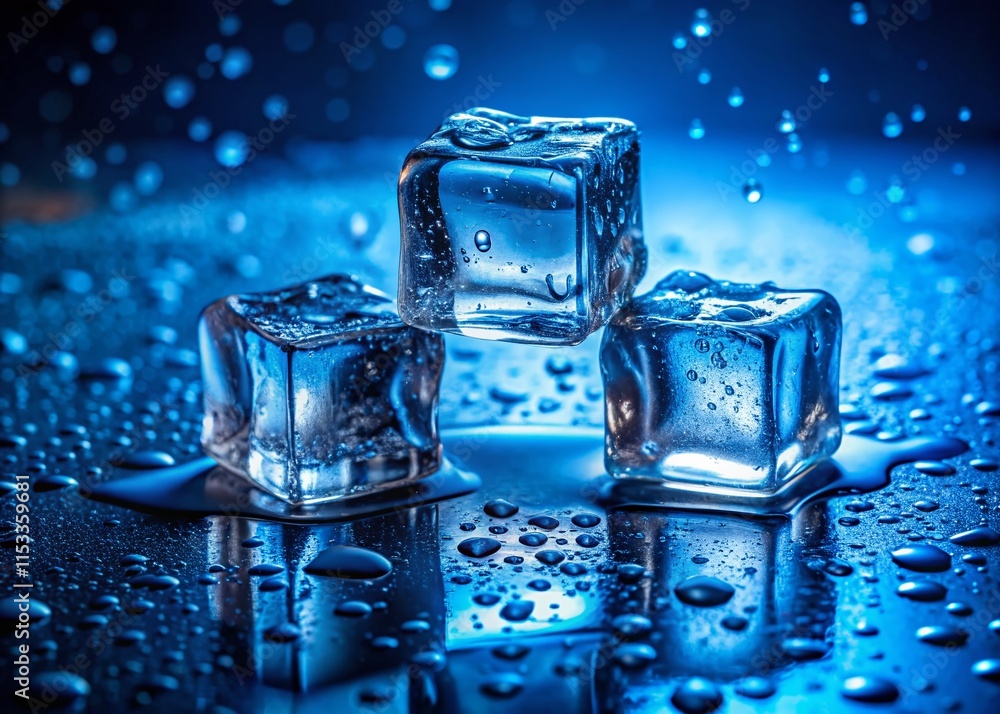 Poster sparkling ice cubes: close-up macro photography of three melting ice blocks on a reflective surface