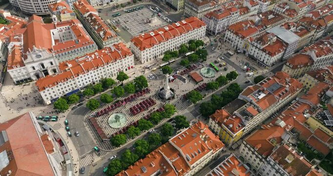 Aerial View Of Rossio Square With Column of Pedro IV In Lisbon, Portugal.